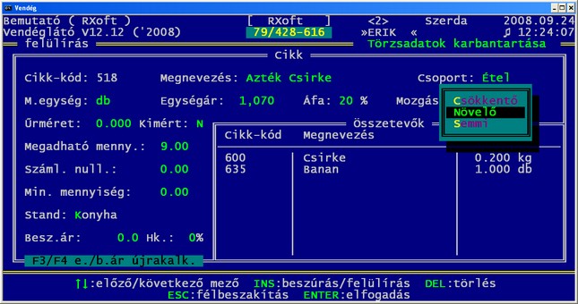 Cikkek be�ll�t�sai - �ttermi szoftver - �ttermi program - �ttermi rendszer